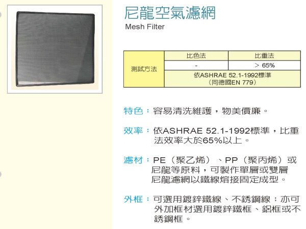 產品:尼龍空氣濾網、不織布空氣濾網、平板玻纖空氣濾網、全鋁質及全不鏽鋼空氣濾網、丟棄褶疊式空氣濾網、袋型濾網-玻璃纖維、高效率濾網–隔板型、高效率濾網箱組 
<br>經銷商:精誠行 
<br>地址:宜蘭市農權路11號 電話:(03)9324607
<br>經銷商:太陽能源商行
<br>地址:羅東鎮站東路350號 電話:(03)9556215